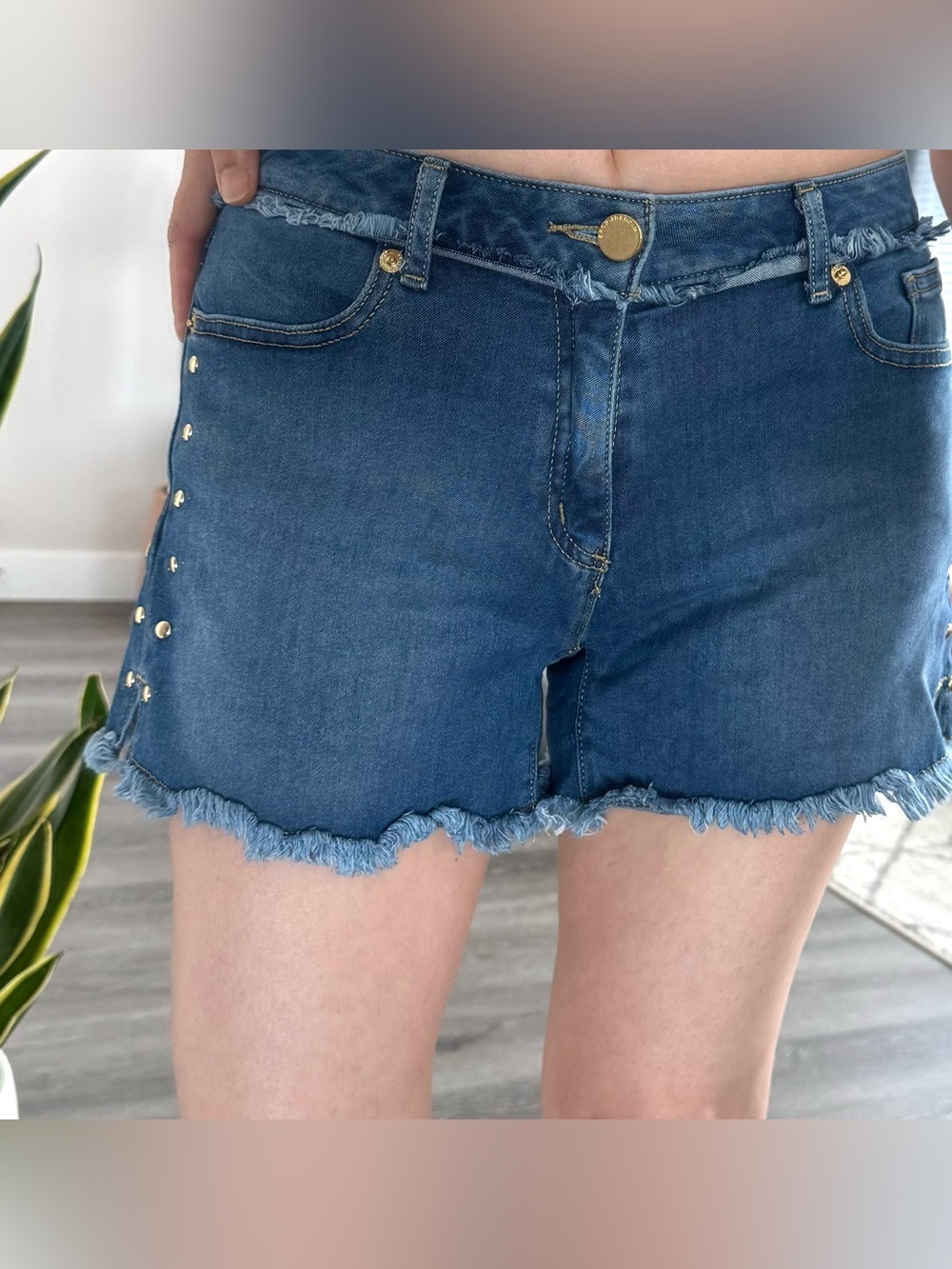 MICHAEL KORS Denim Frayed Hem Studded Shorts - Picture 7 of 7